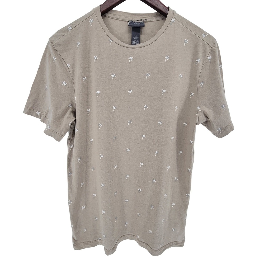 HM Mens Small Tan Palm Tree Print T-Shirt Short Sleeve Regular Fit Cotton Khaki